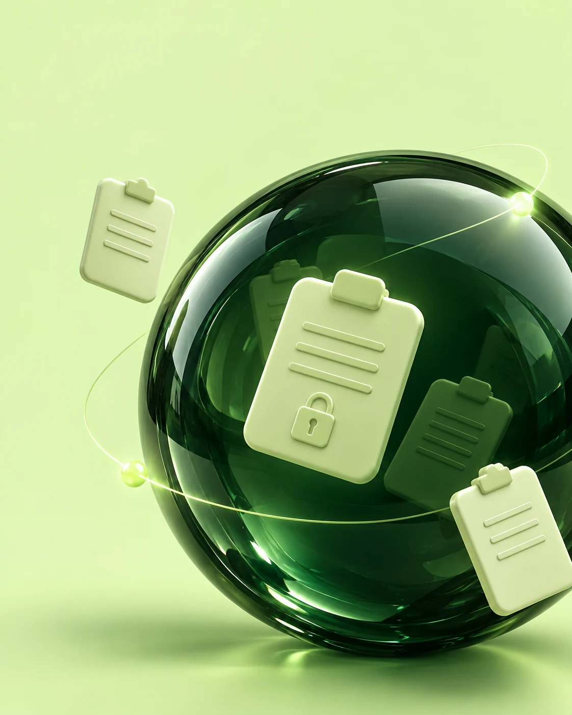 Glossy emerald vault orb protecting a stack of lime clipboard cards